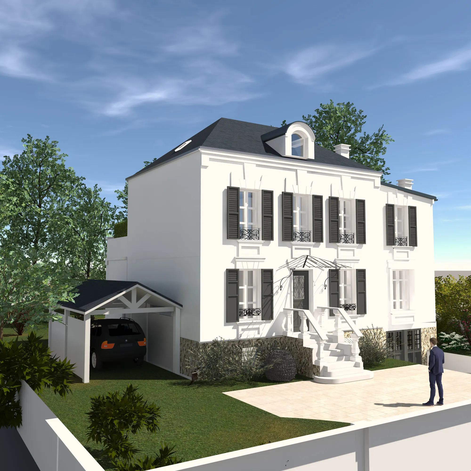 Façade principale de la villa après ravalement : enduit blanc crème, volets blancs et modénatures restituées