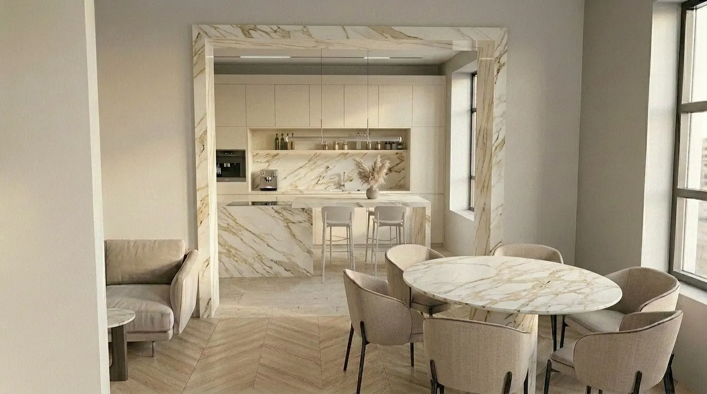 Enfilade entre le séjour et la cuisine d'une villa au Raincy : ouverture cadrée en marbre et parquet à chevrons